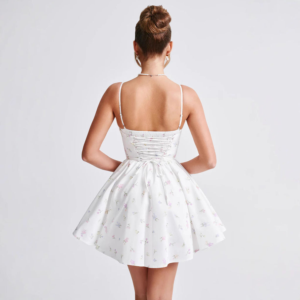 Women Spring Summer Sleeveless Slim-Fit A-Line Dress With Floral Print And Drawstring Waist