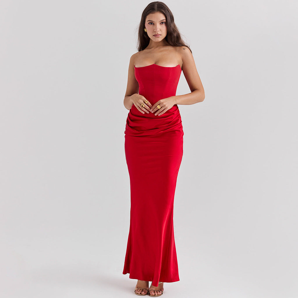 Strapless Backless Long Evening Dress with Fitted Mid-Waist | Ideal for Spring and Summer
