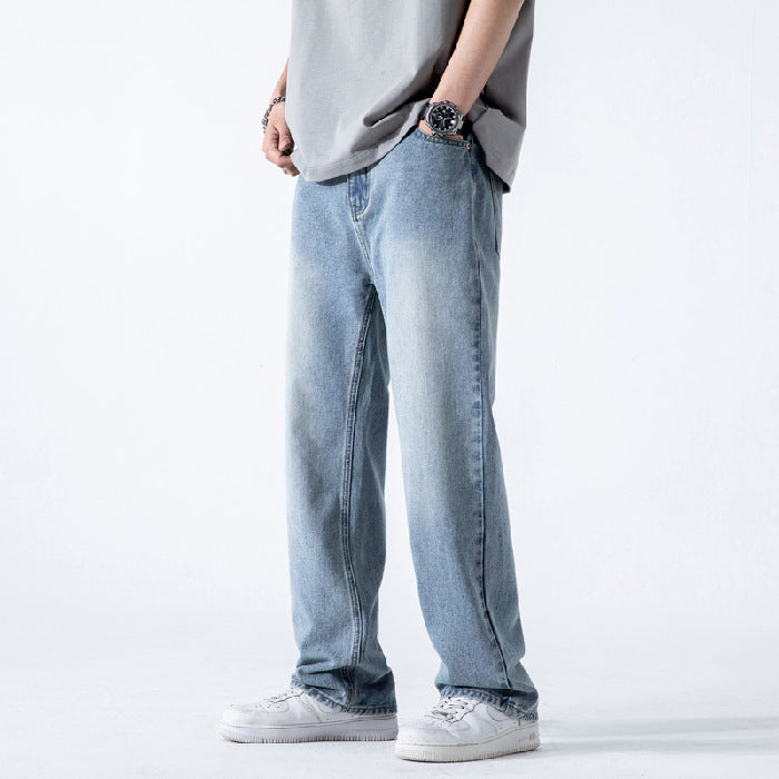 Men’s Straight Wide-Leg Jeans With Mid-Waist And Zip Fly Closure