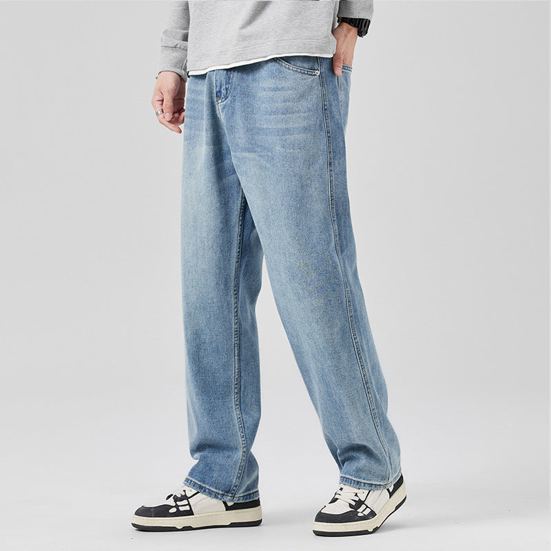 Men Spring Autumn Loose Fit Denim Jeans With Mid-Waist And Drawstring Waistband