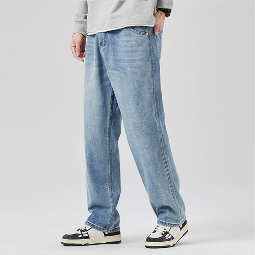 Men Spring Autumn Loose Fit Denim Jeans With Mid-Waist And Drawstring Waistband