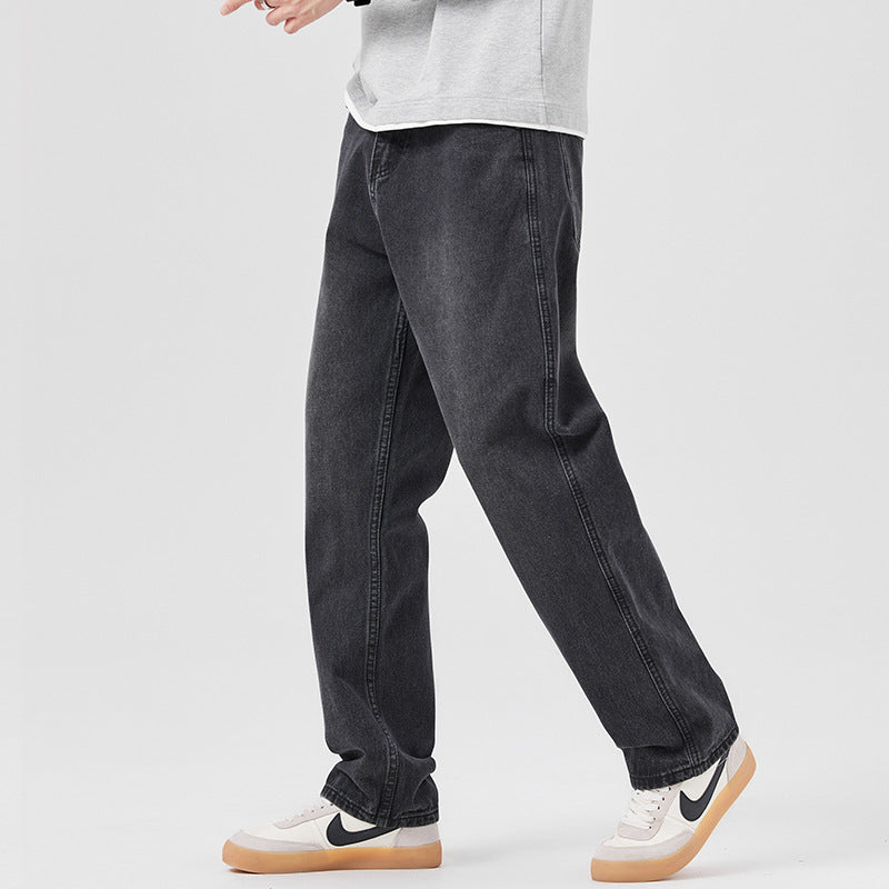 Men Spring Autumn Loose Fit Denim Jeans With Mid-Waist And Drawstring Waistband