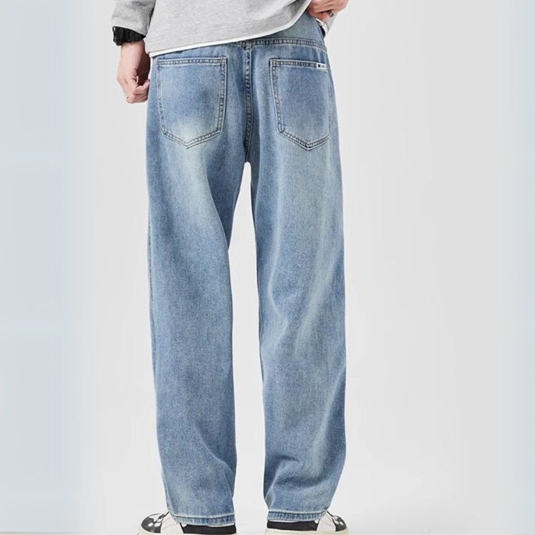 Men Spring Autumn Loose Fit Denim Jeans With Mid-Waist And Drawstring Waistband