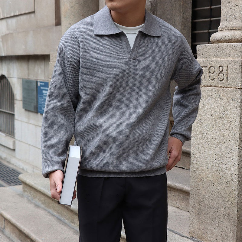 Men Slim Fit V-Neck Polo Sweater With Long Sleeves For Spring And Autumn