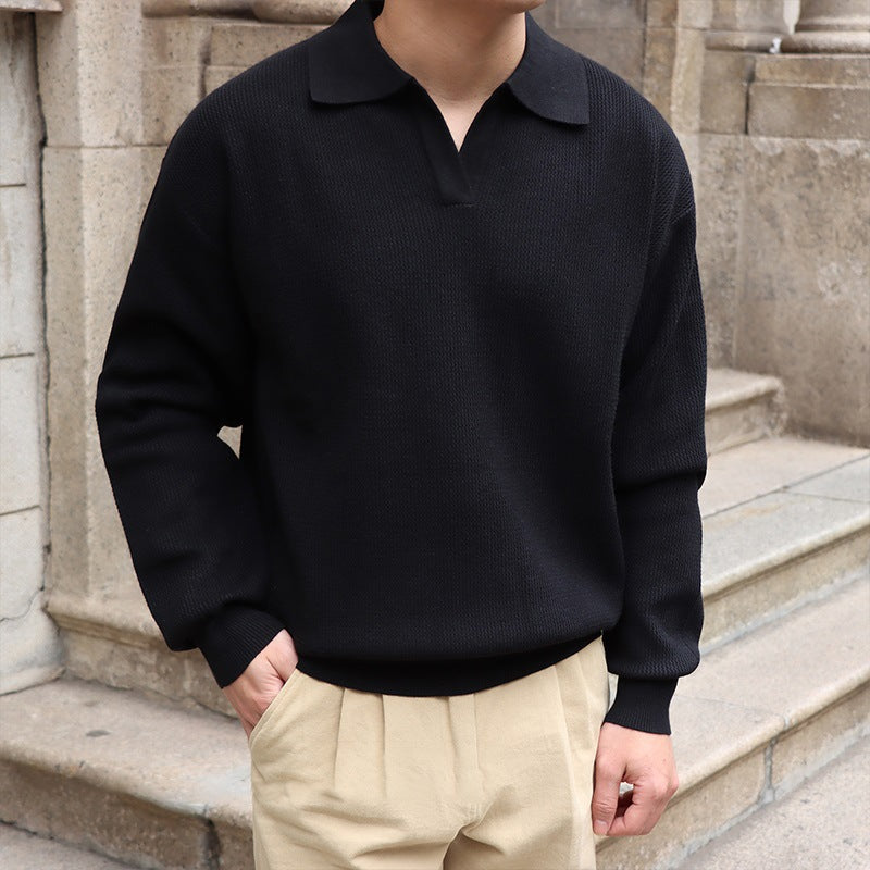 Men Slim Fit V-Neck Polo Sweater With Long Sleeves For Spring And Autumn