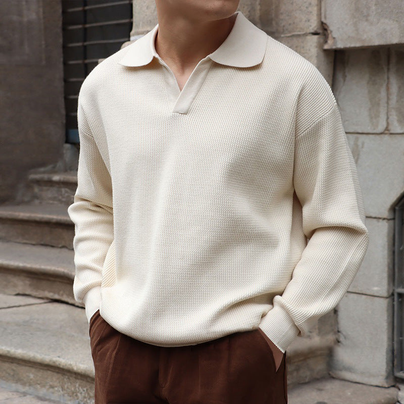 Men Slim Fit V-Neck Polo Sweater With Long Sleeves For Spring And Autumn
