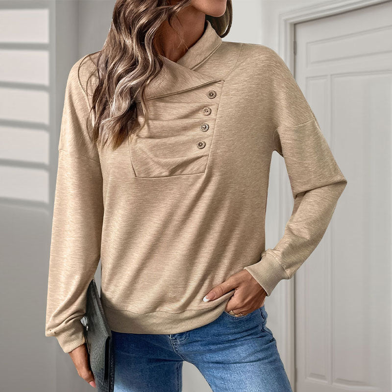 Women Autumn Winter Long Sleeve Stand Collar Sweater With Pleated Front And Button Detail