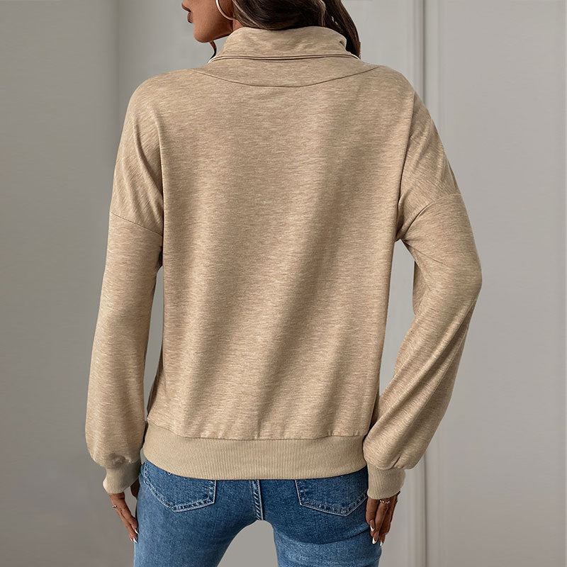 Women Autumn Winter Long Sleeve Stand Collar Sweater With Pleated Front And Button Detail