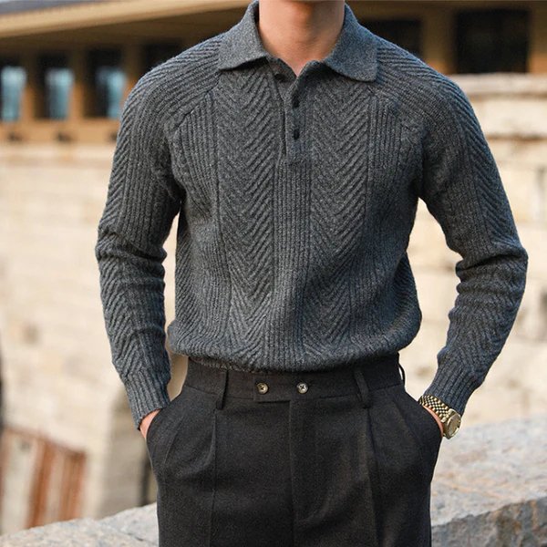 Men Winter Textured Knit Sweater With Button-Down Collar And Long Sleeves