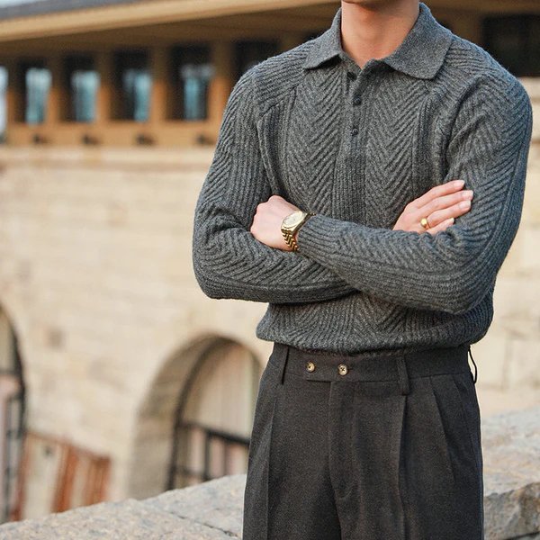 Men Winter Textured Knit Sweater With Button-Down Collar And Long Sleeves