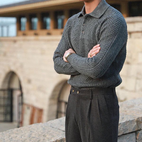 Men Winter Textured Knit Sweater With Button-Down Collar And Long Sleeves