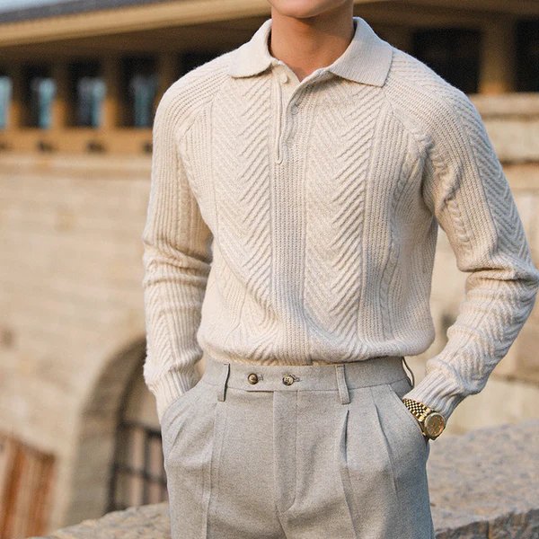 Men Winter Textured Knit Sweater With Button-Down Collar And Long Sleeves