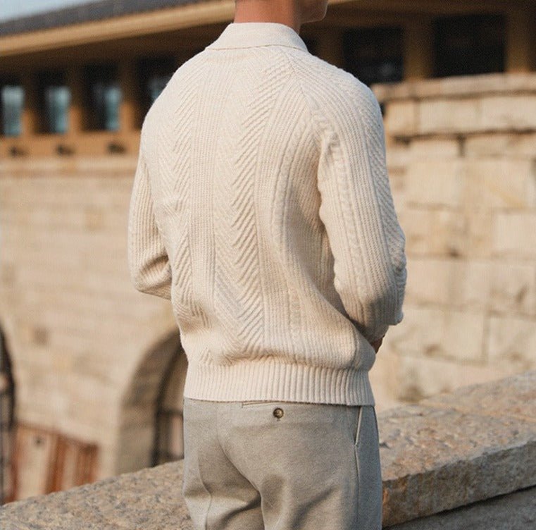 Men Winter Textured Knit Sweater With Button-Down Collar And Long Sleeves