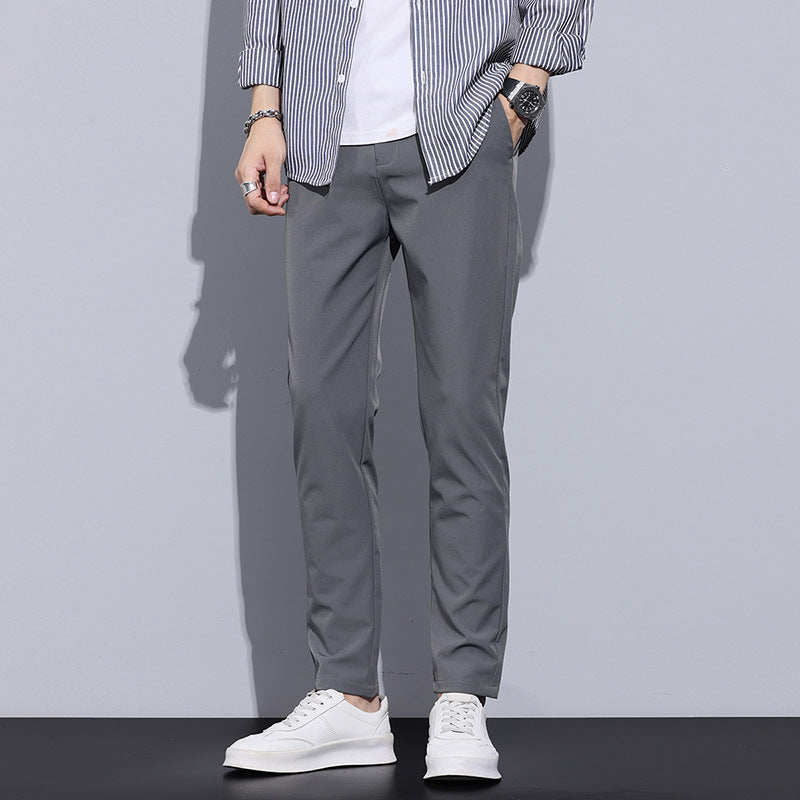 Men Full Length Slim Straight Trousers With Elastic Waistband And Optional Lining