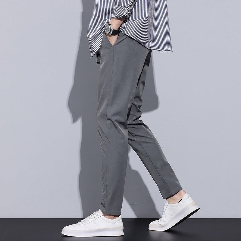 Men Full Length Slim Straight Trousers With Elastic Waistband And Optional Lining