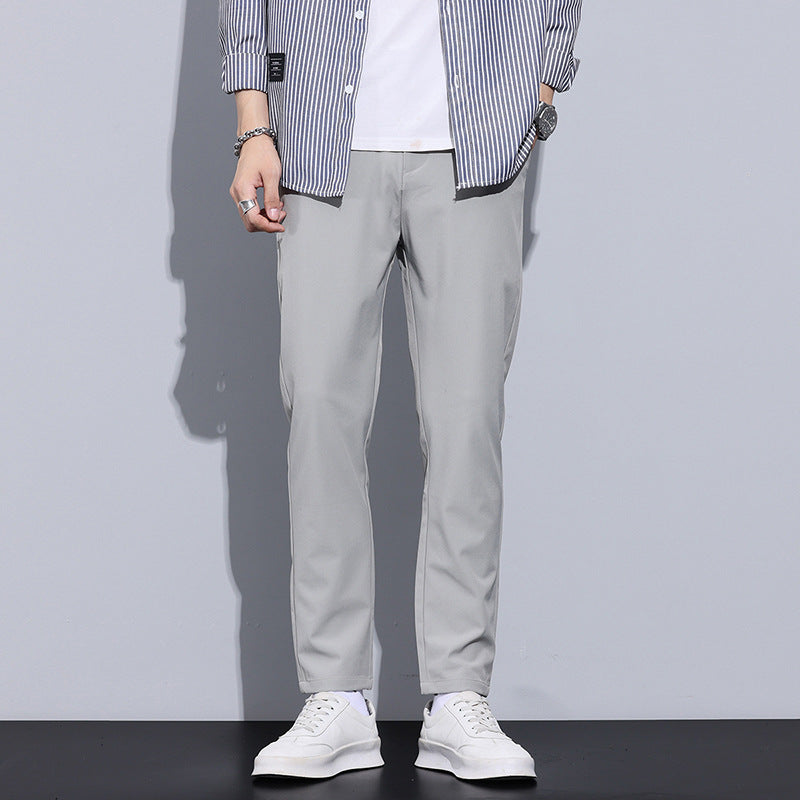 Men Full Length Slim Straight Trousers With Elastic Waistband And Optional Lining