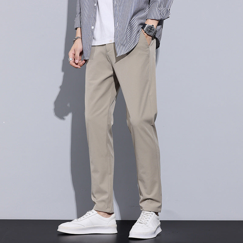 Men Full Length Slim Straight Trousers With Elastic Waistband And Optional Lining