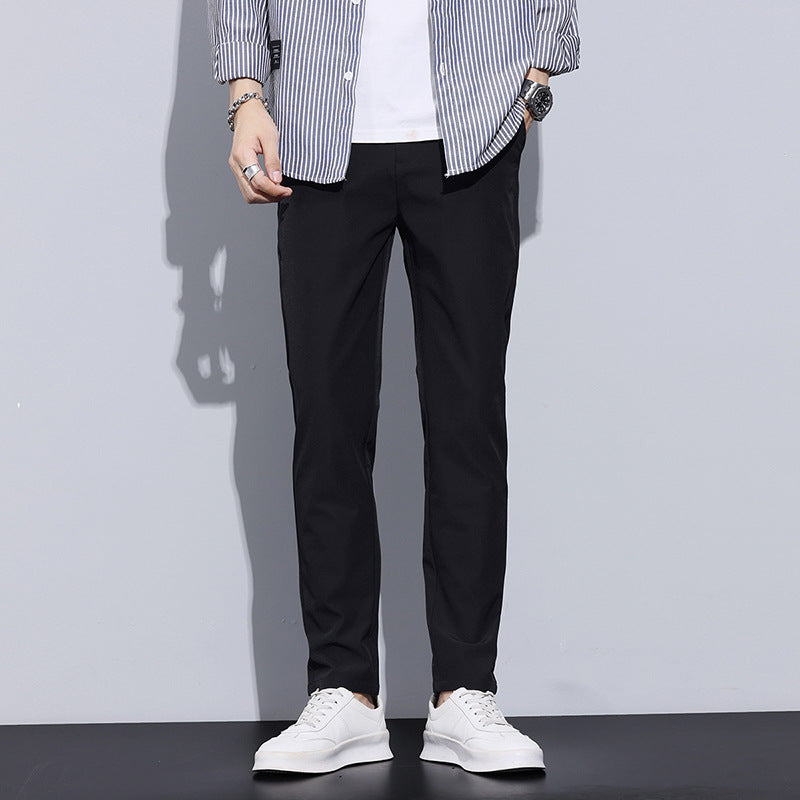 Men Full Length Slim Straight Trousers With Elastic Waistband And Optional Lining