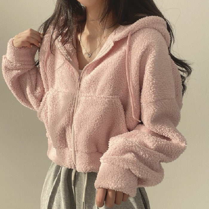 Women Autumn Winter Hooded Pullover With Textured Surface And Loose Fit