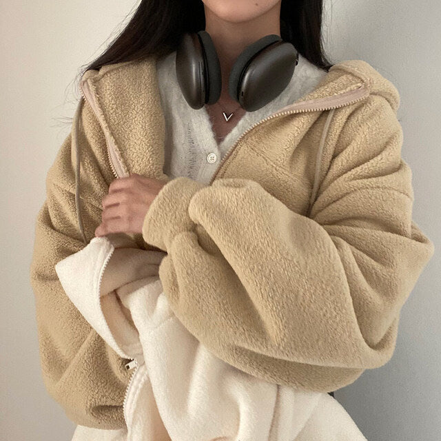 Women Autumn Winter Hooded Pullover With Textured Surface And Loose Fit