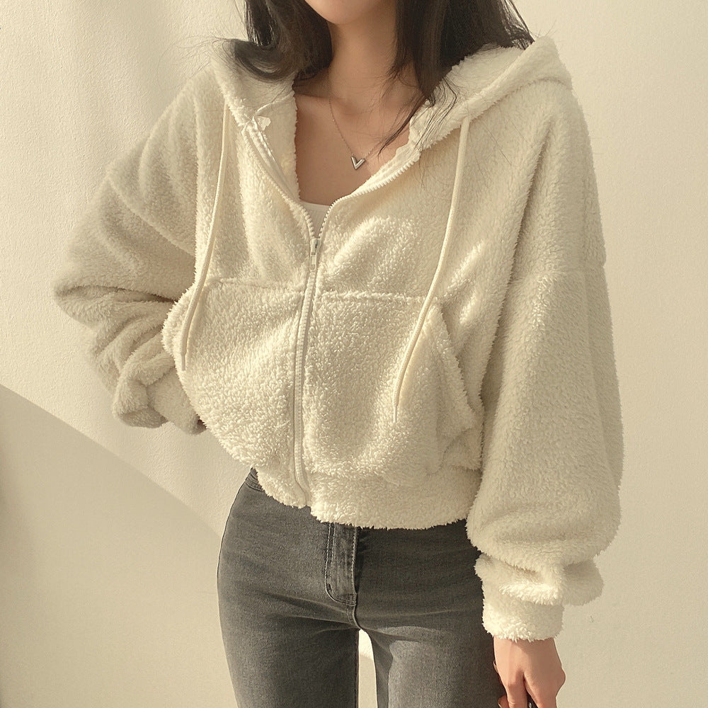 Women Autumn Winter Hooded Pullover With Textured Surface And Loose Fit