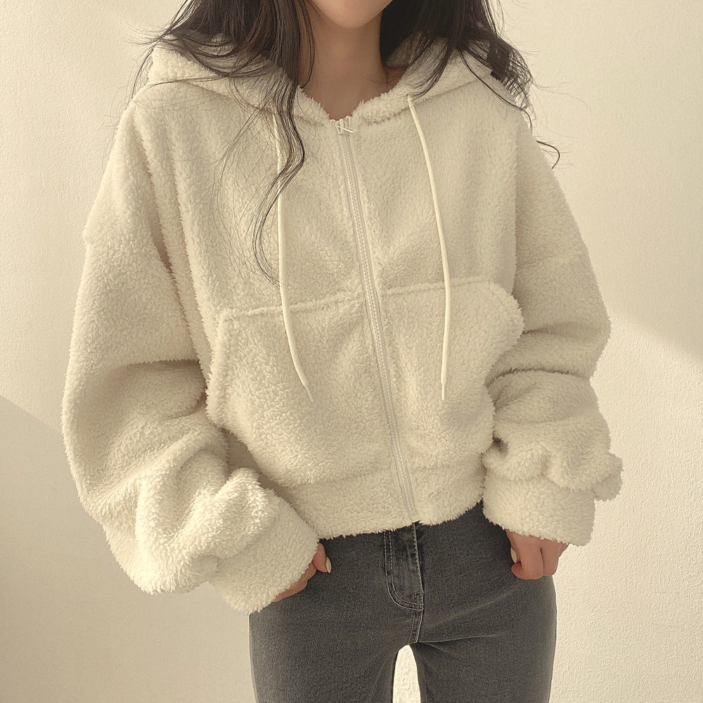Women Autumn Winter Hooded Pullover With Textured Surface And Loose Fit