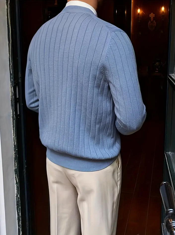 Men's Long Sleeve V-Neck Sweater Mid-Weight Knit Solid Color With Ribbed Hem Cuffs