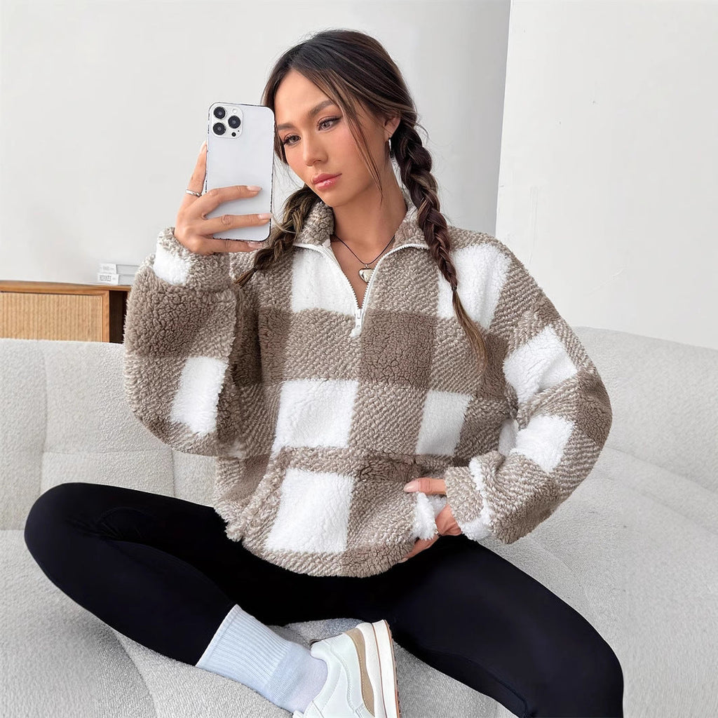 Women Winter Loose Pullover Sweater With Striped And Plaid Pattern