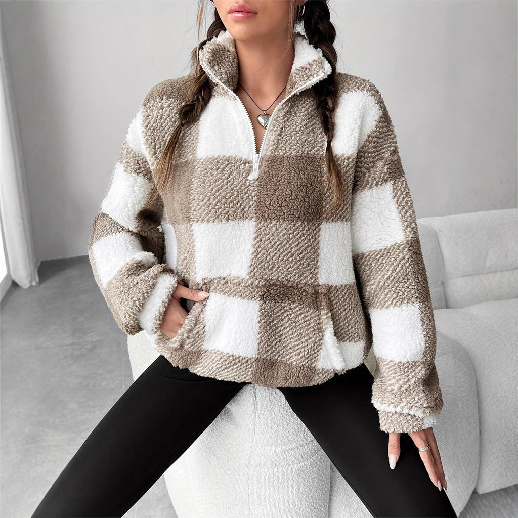 Women Winter Loose Pullover Sweater With Striped And Plaid Pattern