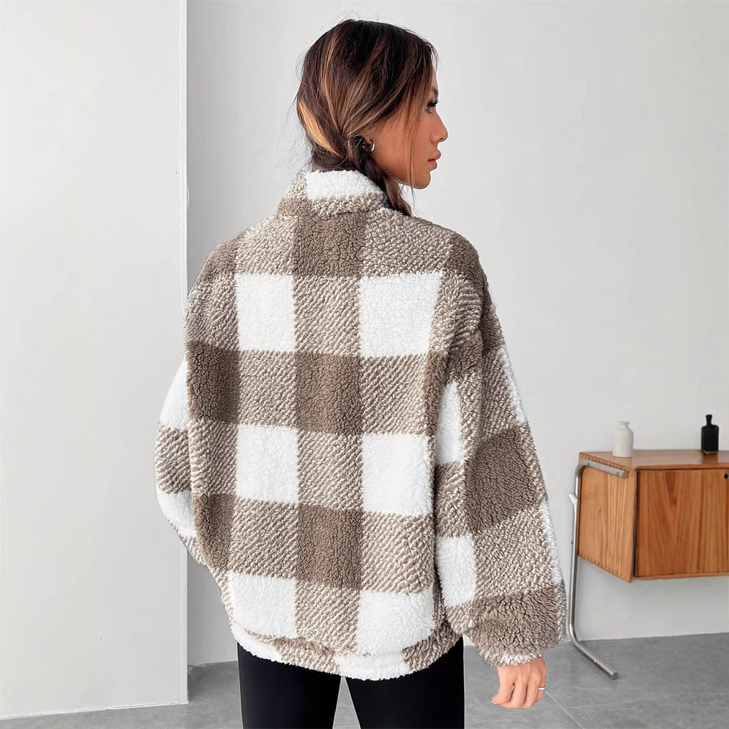 Women Winter Loose Pullover Sweater With Striped And Plaid Pattern